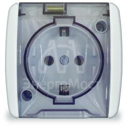 Розетка 1-м ОП Клио 16А с защ. крышкой с заземл. IP44 бел. UNIVersal К2229