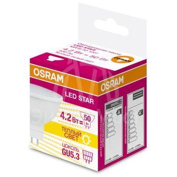 Лампа светодиодная LED STAR MR16 4.2W/830 (замена 50Вт) 4.2Вт пласт. 3000К тепл. бел. GU5.3 400лм 110 град. 220-240В OSRAM 4058075129061