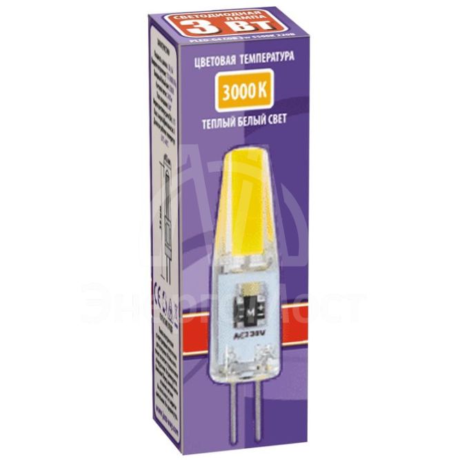 Лампа светодиодная PLED-G4 COB 3Вт капсульная 3000К тепл. бел. G4 240лм 220В JazzWay 2857446