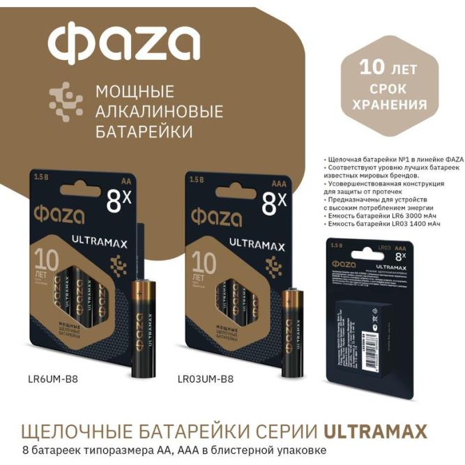 Элемент питания алкалиновый AA/LR6 1.5В ULTRAMAX BL-8 (уп.8шт) ФАZА 5064676