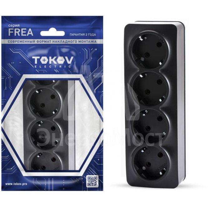 Розетка 4-м ОП Frea 16А IP20 250В с заземл. АБС-пластик карбон TOKOV ELECTRIC TKE-FR-R4Z-C14