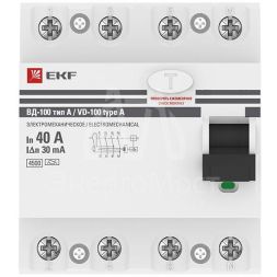 Выключатель дифференциального тока (УЗО) 4п 40А 30мА тип A ВД-100 (электромех.) PROxima EKF elcb-4-40-30-em-a-pro