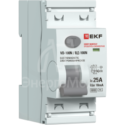 Выключатель дифференциального тока 2п 25А 10мА тип AC 6кА ВД-100N электромех. PROxima EKF E1026M2510