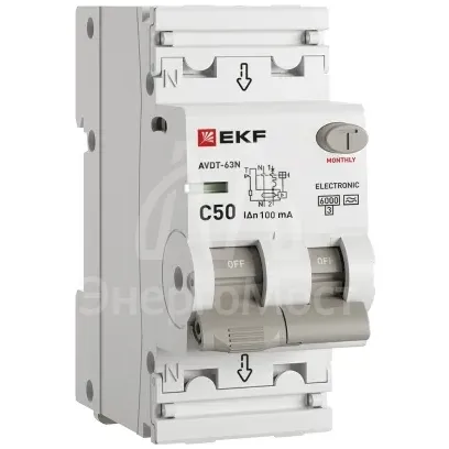 Выключатель автоматический дифференциального тока 2п (1P+N) C 50А 100мА тип A 6кА АВДТ-63N (электрон.) PROxima EKF D63N26EA50C100