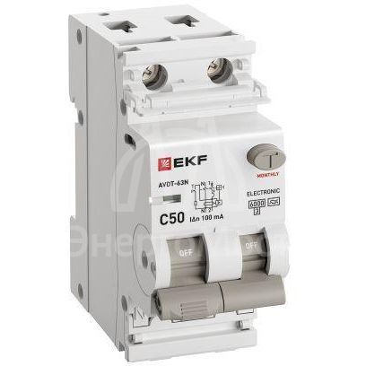 Выключатель автоматический дифференциального тока 2п (1P+N) C 50А 100мА тип A 6кА АВДТ-63N (электрон.) PROxima EKF D63N26EA50C100