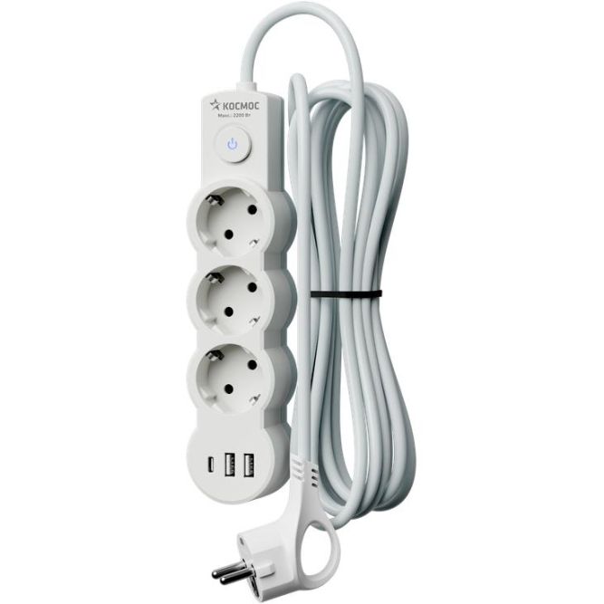 Удлинитель 3х3м с заземл. 10А IP20 USB 2800Вт 220В ПВС 3х1 с выкл. бел. КОСМОС YKsm3m3g-Z-VU10А-W