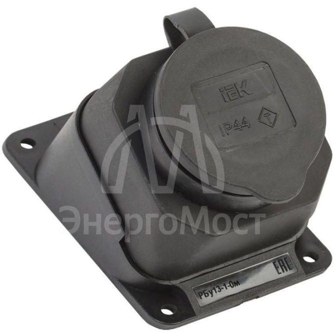 Розетка 1-м Омега РБу13-1-0м IP44 с защ. крышкой угловая настен. с заземл. каучук черн. IEK PKR22-016-2-K02