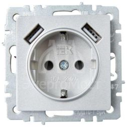 Розетка BRITE РЮш10-1-БрА 16А с USB A+A 2.1А с заземл. защ. шторки алюм. IEK BR-R14-16-U21-D21-K47