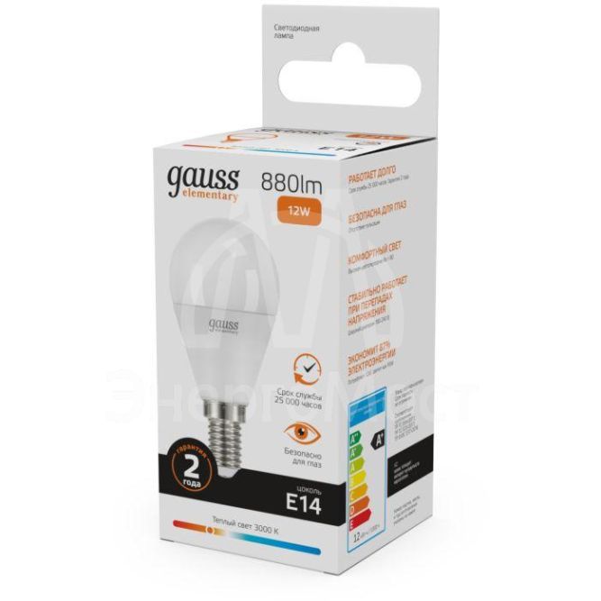 Лампа светодиодная Elementary Шар 12Вт 880лм E14 3000К Gauss 53112