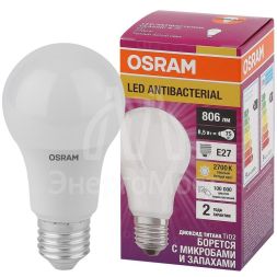 Лампа светодиодная LED Antibacterial A 8.5Вт (замена 75Вт) матовая 2700К тепл. бел. E27 806лм угол пучка 200град. 220-240В бактерицид. покр. OSRAM 4058075560994