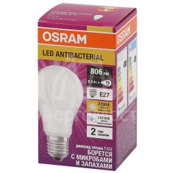 Лампа светодиодная LED Antibacterial A 8.5Вт (замена 75Вт) матовая 2700К тепл. бел. E27 806лм угол пучка 200град. 220-240В бактерицид. покр. OSRAM 4058075560994