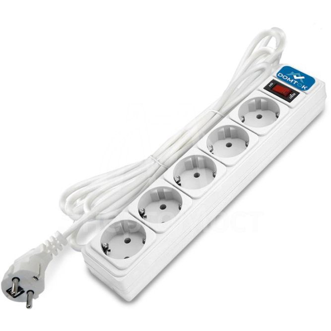 Удлинитель с сетевым фильтром 5х5м с заземл 10А IP20 2.2кВт ПВС 3х1 с выкл. бел. DOMTOK 2529
