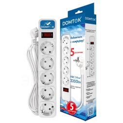 Удлинитель с сетевым фильтром 5х5м с заземл 10А IP20 2.2кВт ПВС 3х1 с выкл. бел. DOMTOK 2529