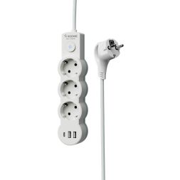 Удлинитель 3х1.5м с заземл. 10А IP20 USB 2800Вт 220В ПВС 3х1 с выкл. бел. КОСМОС YKsm1.5m3g-Z-VU10А-W