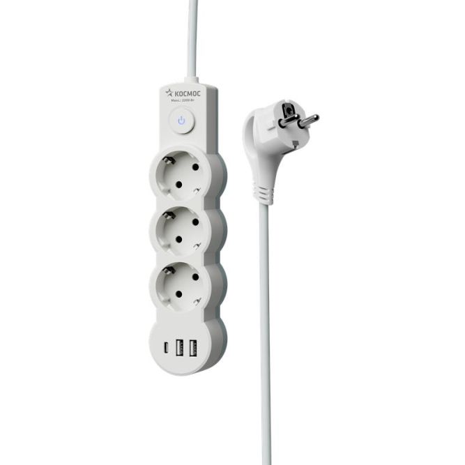 Удлинитель 3х1.5м с заземл. 10А IP20 USB 2800Вт 220В ПВС 3х1 с выкл. бел. КОСМОС YKsm1.5m3g-Z-VU10А-W