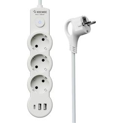 Удлинитель 3х1.5м с заземл. 10А IP20 USB 2800Вт 220В ПВС 3х1 с выкл. бел. КОСМОС YKsm1.5m3g-Z-VU10А-W
