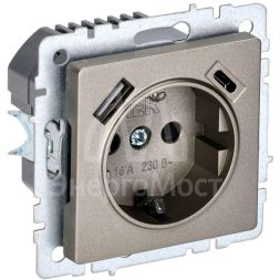 Розетка BRITE РЮш11-1-БрШ 16А с USB A+C 18Вт с заземл. защ. шторки шампань IEK BR-R14-16-U22-018-K37