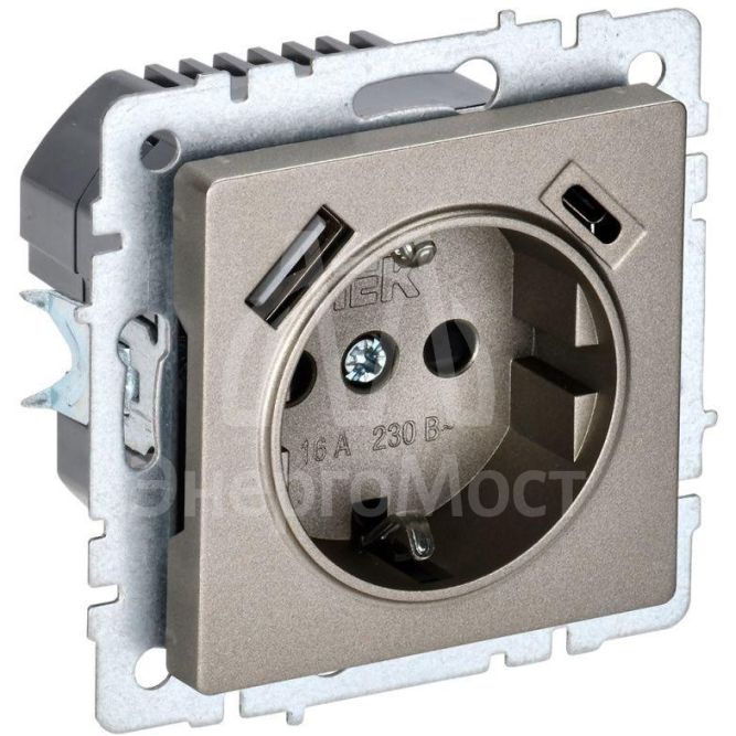 Розетка BRITE РЮш11-1-БрШ 16А с USB A+C 18Вт с заземл. защ. шторки шампань IEK BR-R14-16-U22-018-K37