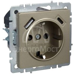 Розетка BRITE РЮш11-1-БрШ 16А с USB A+C 18Вт с заземл. защ. шторки шампань IEK BR-R14-16-U22-018-K37