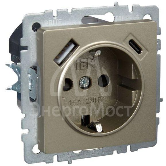 Розетка BRITE РЮш11-1-БрШ 16А с USB A+C 18Вт с заземл. защ. шторки шампань IEK BR-R14-16-U22-018-K37