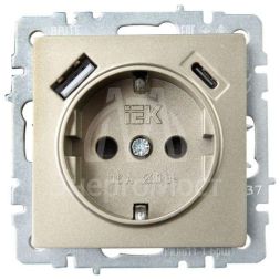 Розетка BRITE РЮш11-1-БрШ 16А с USB A+C 18Вт с заземл. защ. шторки шампань IEK BR-R14-16-U22-018-K37