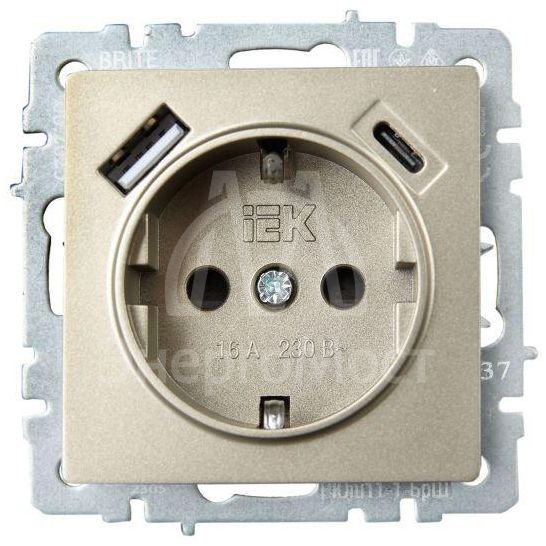 Розетка BRITE РЮш11-1-БрШ 16А с USB A+C 18Вт с заземл. защ. шторки шампань IEK BR-R14-16-U22-018-K37