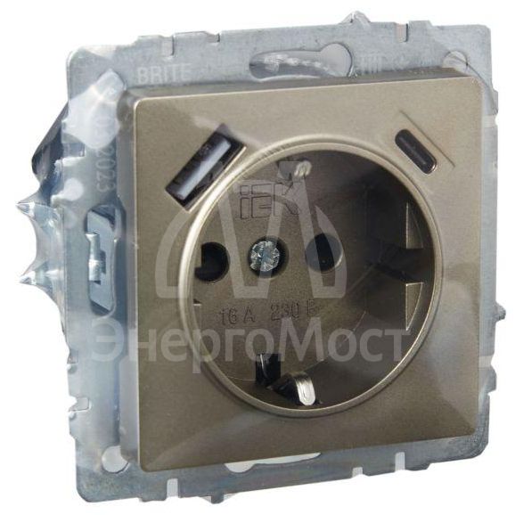 Розетка BRITE РЮш11-1-БрШ 16А с USB A+C 18Вт с заземл. защ. шторки шампань IEK BR-R14-16-U22-018-K37