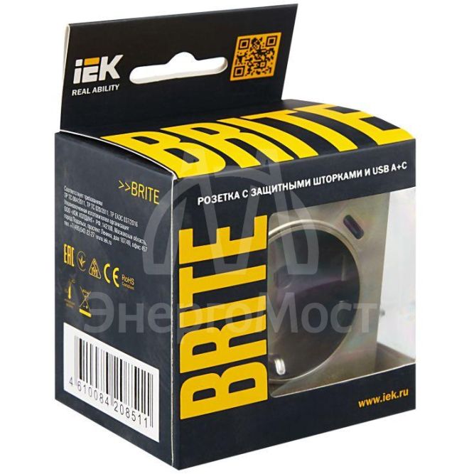 Розетка BRITE РЮш11-1-БрШ 16А с USB A+C 18Вт с заземл. защ. шторки шампань IEK BR-R14-16-U22-018-K37