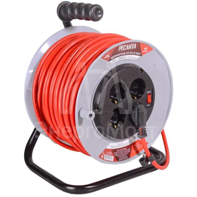 Удлинитель силовой на катушке Ресанта СУ-3х1,5-50/2 (с выкл., 4 розетки)