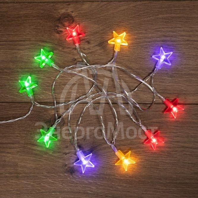 Гирлянда светодиодная &amp;quot;Звездочки&amp;quot; 1.5м 10LED мультиколор провод прозр. 2хAA (батарейки не в комплекте) Neon-Night 303-090