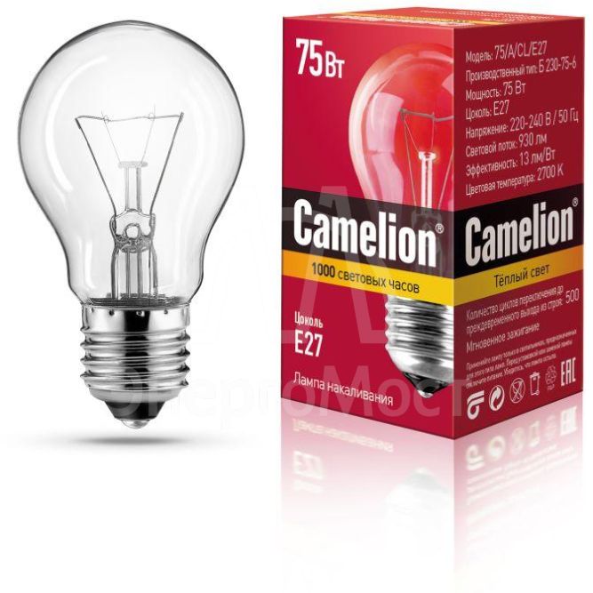 Лампа накаливания A CL 75Вт E27 220-240В Camelion 7278