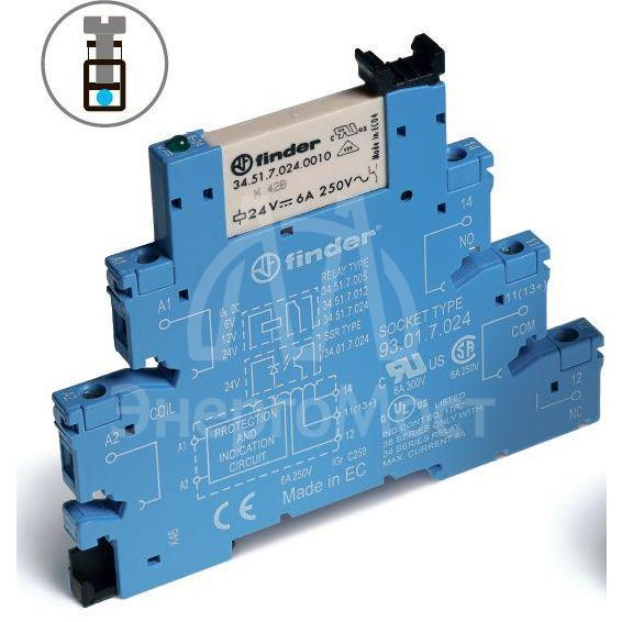 Модуль интерфейсный (сборка 34.51.7.060.0010 + 93.01.3.240) электромеханич. реле 1CO 6А AgNi 230-240В AC/DC подавление утечки тока IP20 винт. клеммы FINDER 385132400060