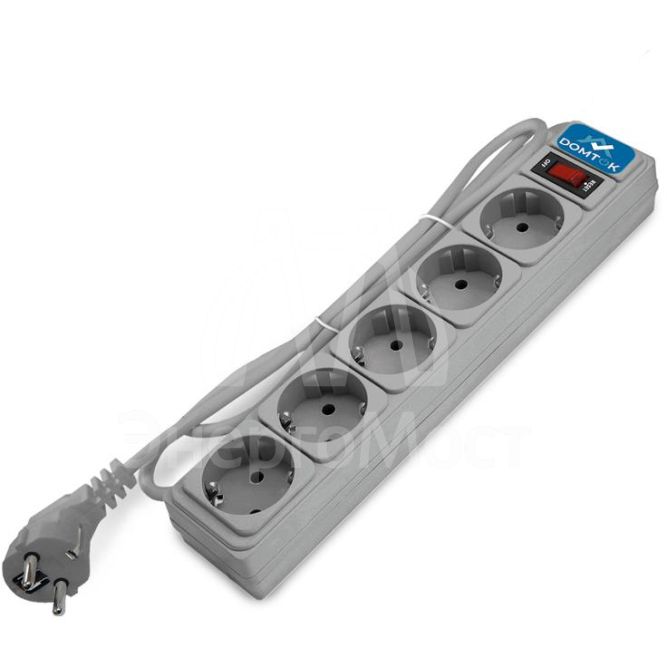 Удлинитель с сетевым фильтром 5х1.8м с заземл 10А IP20 2.2кВт ПВС 3х1 с выкл. сер. DOMTOK 2532