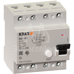 Выключатель дифференциального тока (УЗО) 4п 25А 30мА тип AC ВД1-63 4225 УХЛ4 КЭАЗ 221947