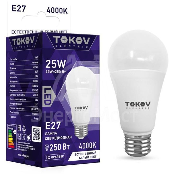 Лампа светодиодная 25Вт А60 4000К Е27 176-264В TOKOV ELECTRIC TKE-A60-E27-25-4K