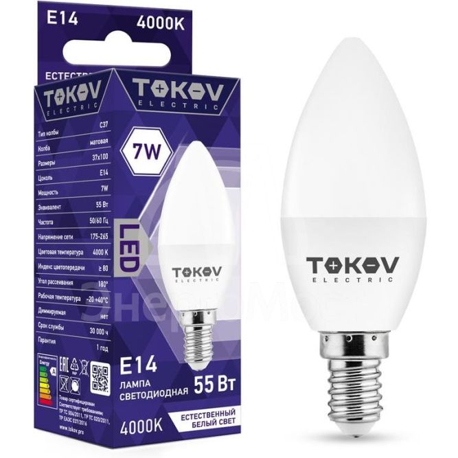 Лампа светодиодная 7Вт С37 4000К Е14 176-264В TOKOV ELECTRIC TKE-C37-E14-7-4K