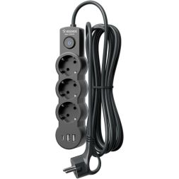 Удлинитель 3х5м с заземл. 10А IP20 USB 2800Вт 220В ПВС 3х1 с выкл. черн. КОСМОС YKsm5m3g-Z-VU10А-B