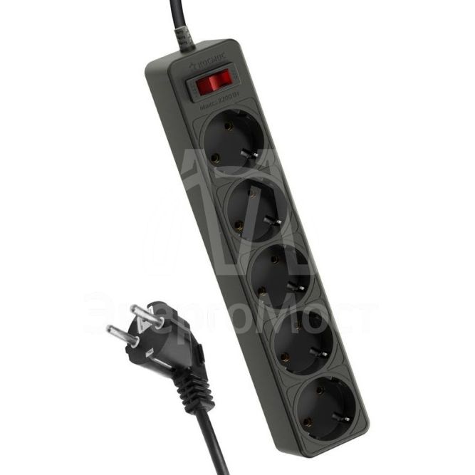 Удлинитель с сетевым фильтром 5х3м с заземл. 10А IP20 2.2кВт 3х0.75 индикатор сети черн. Космос FKsm3m-5g(B)