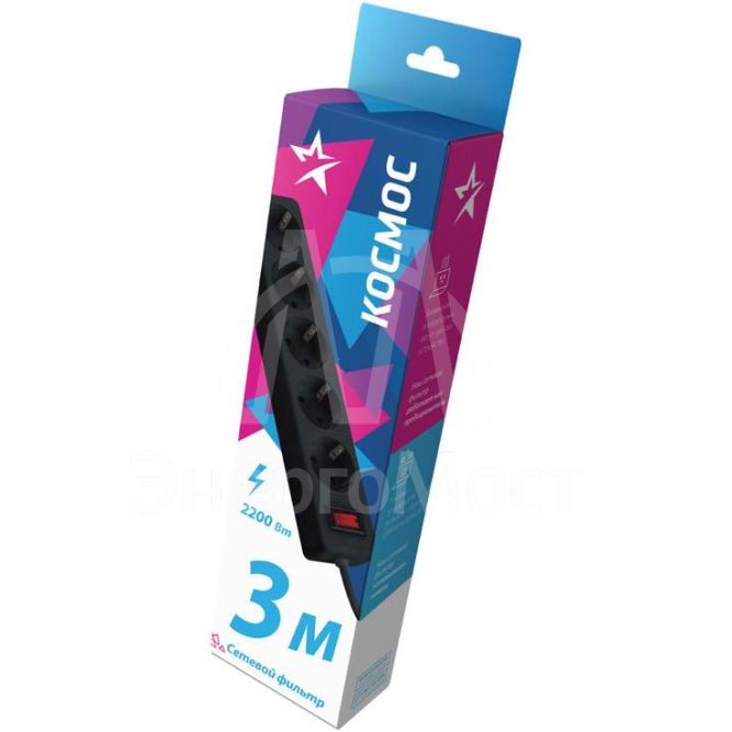 Удлинитель с сетевым фильтром 5х3м с заземл. 10А IP20 2.2кВт 3х0.75 индикатор сети черн. Космос FKsm3m-5g(B)