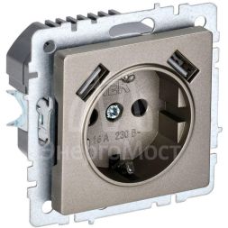 Розетка BRITE РЮш10-2-БрШ 16А с USB A+A 3.1А с заземл. защ. шторки шампань IEK BR-R14-16-U21-D31-K37