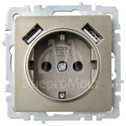 Розетка BRITE РЮш10-2-БрШ 16А с USB A+A 3.1А с заземл. защ. шторки шампань IEK BR-R14-16-U21-D31-K37