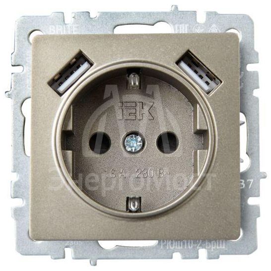 Розетка BRITE РЮш10-2-БрШ 16А с USB A+A 3.1А с заземл. защ. шторки шампань IEK BR-R14-16-U21-D31-K37