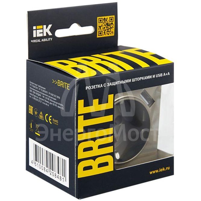 Розетка BRITE РЮш10-2-БрШ 16А с USB A+A 3.1А с заземл. защ. шторки шампань IEK BR-R14-16-U21-D31-K37