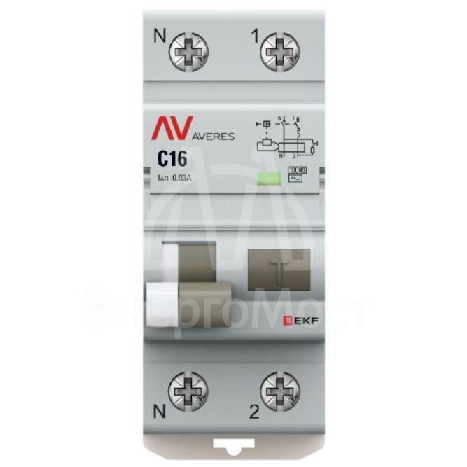 Выключатель автоматический дифференциального тока 2п (1P+N) C 16А 30мА тип AC 10кА DVA-10 AVERES EKF rcbo10-1pn-16C-30-ac-av