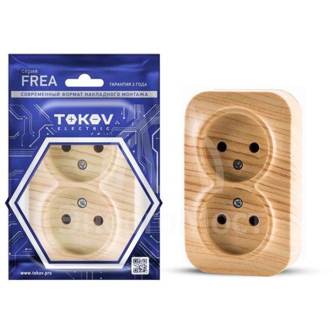 Розетка 2-м ОП Frea 16А IP20 250В без заземл. АБС-пластик сосна TOKOV ELECTRIC TKE-FR-R2-C25