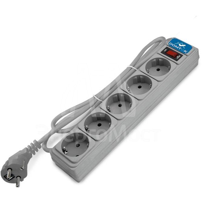 Удлинитель с сетевым фильтром 5х3м с заземл 10А IP20 2.2кВт ПВС 3х1 с выкл. сер. DOMTOK 2533