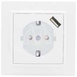 Розетка 1-м СП Минск 16А IP20 с заземл. защ. шторки с заряд. устройством USB 1А бел. EKF ERR16-028-100-USB