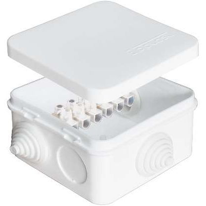 Коробка распределительная ОП 75х75х45мм IP54 с клемм. 7 выходов 3 гермоввода 10А 6 контактов крышка защелкивающаяся бел. Epplast 220323