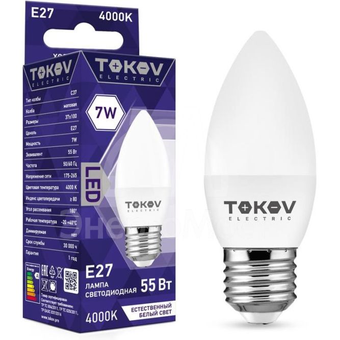 Лампа светодиодная 7Вт С37 4000К Е27 176-264В TOKOV ELECTRIC TKE-C37-E27-7-4K