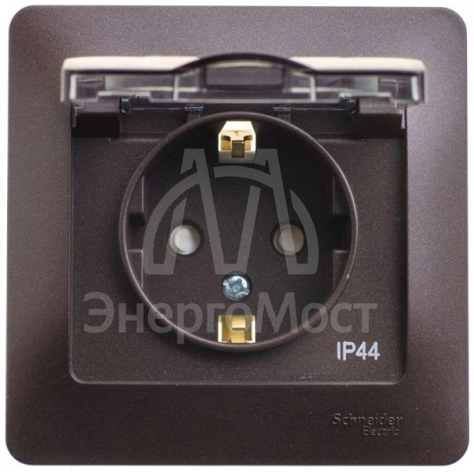 Розетка 1-м СП Glossa 16А IP44 с защ. крышкой защ. шторки с заземл. в сборе шоколад SchE GSL000848